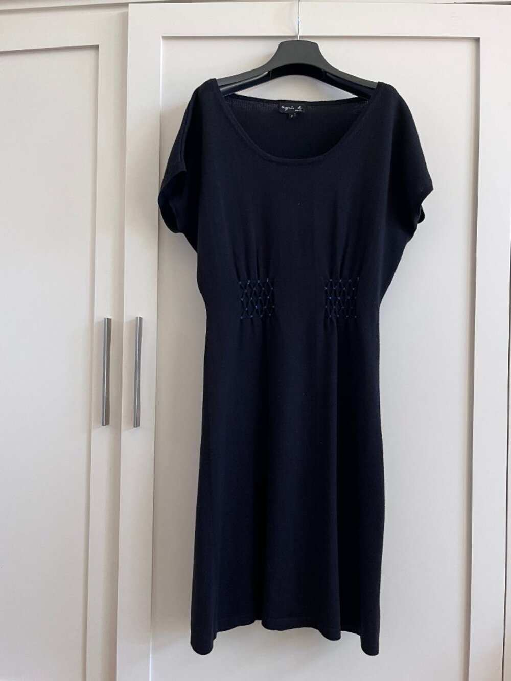 agnès b. black sweater knit mini dress with blue smocking for shaping. Sz 2 (S)